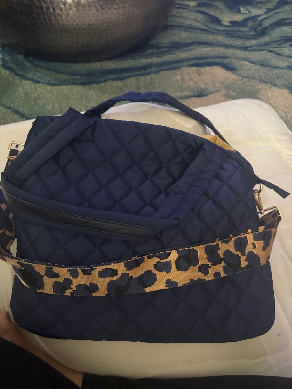 Ah. Dorned Quilted Navy Crossbody Bag with Leopard Print Strap